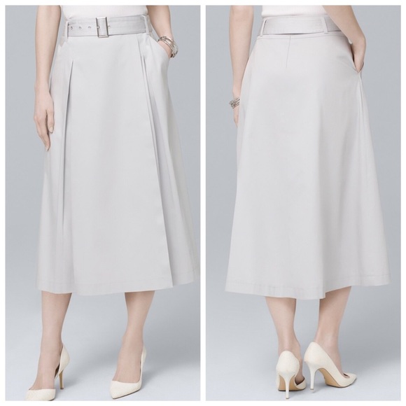 White House Black Market Gray Pleated Faux-Wrap Midi Skirt belted size 2 - Picture 1 of 16